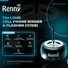 Load image into Gallery viewer, RENNY - The Loud Cell Phone Ringer, Amplifier &amp; Flasher for The Hearing Impaired (117dB) | Auto-Connects Wirelessly via Bluetooth | External Built-In Ringtones | Text &amp; Email Notifications | Talking Caller ID
